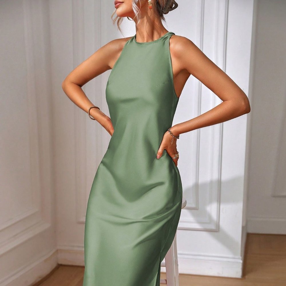 Green Preppy Womens Solid Split Thigh Dress - Picture 2 of 5
